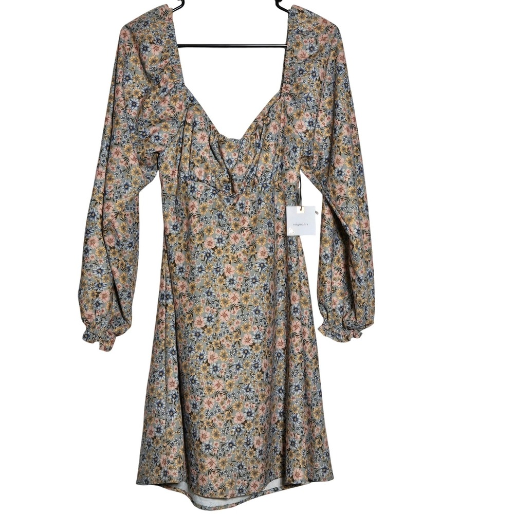 Originality Floral Mini Dress Large NWT Puff Sleeve Milkmaid Cottage Fairy Boho